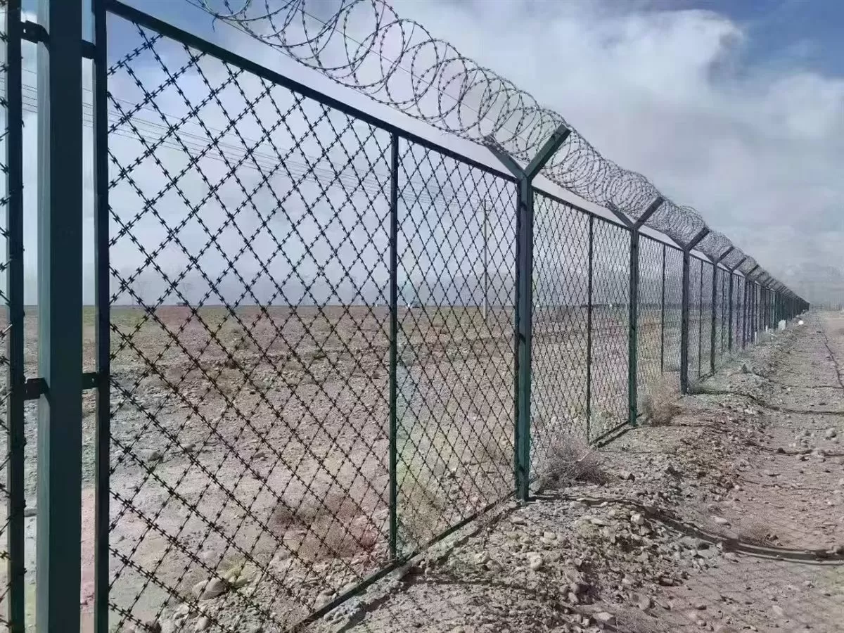 Razor wire topping fixed in the angled head of a Y-post fence above the mesh panel