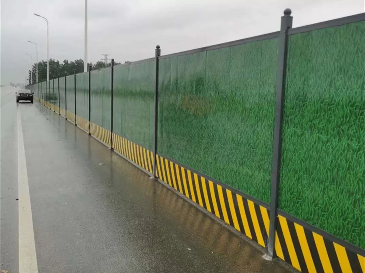 Colour-steel hoarding panels with a black and yellow warning board