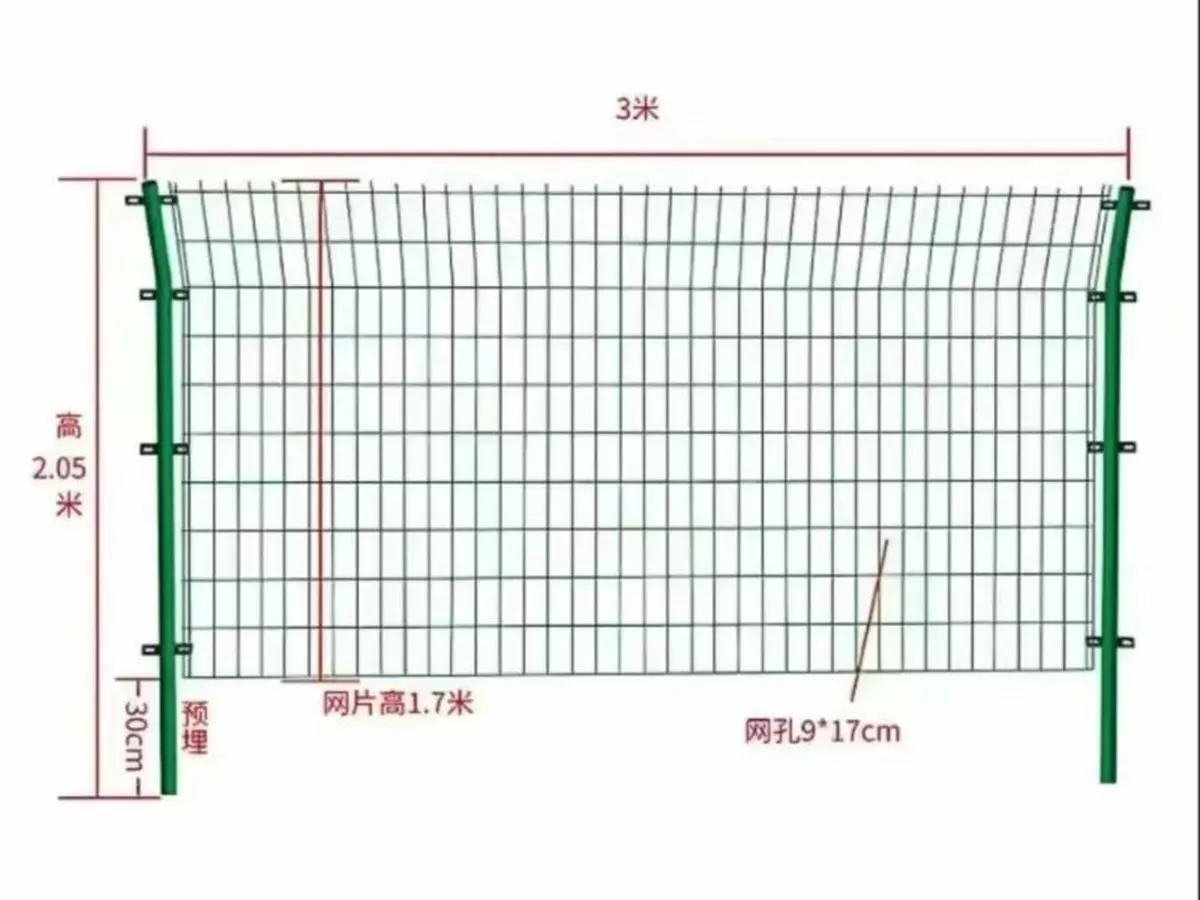 Double-wire mesh fence panel fixed to a round post with clamps